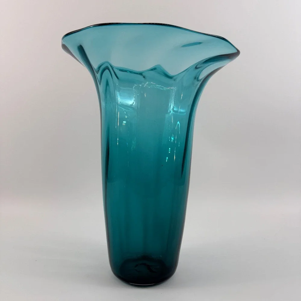 MCM Teal Swirl Optic Flared Glass Vase Blenko Style‎ Pilgrim Rainbow Kanawha